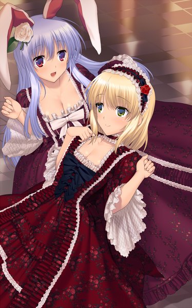 Anime picture 640x1026 with touhou alice margatroid reisen udongein inaba suzume inui long hair tall image blush short hair open mouth blonde hair smile red eyes multiple girls green eyes animal ears blue hair hair flower bunny ears bunny girl girl