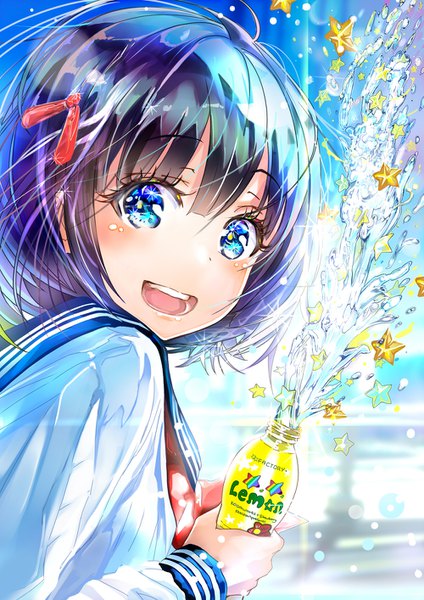 Anime picture 1000x1414 with original keepout single tall image looking at viewer blush fringe short hair open mouth blue eyes black hair smile hair between eyes upper body ahoge teeth sparkle happy girl uniform