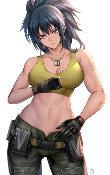 Anime picture 1311x2083 with the king of fighters the king of fighters xiv the king of fighters xv snk leona heidern hua-j single long hair tall image looking at viewer fringe breasts blue eyes black hair simple background hair between eyes standing white background bare shoulders signed