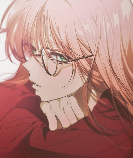 Anime picture 708x838 with gintama sunrise (studio) kagura (gintama) moty_0 single long hair tall image looking at viewer fringe hair between eyes green eyes pink hair profile close-up alternate hairstyle bespectacled alternate eye color hair down girl glasses