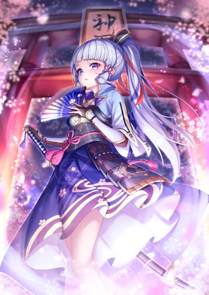 Anime picture 1447x2046 with genshin impact kamisato ayaka tenton (henatyo) single long hair tall image looking at viewer fringe open mouth blue eyes standing holding blue hair outdoors ponytail blunt bangs traditional clothes japanese clothes wind night