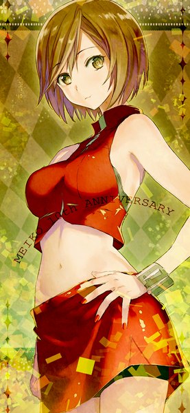Anime picture 518x1119 with vocaloid meiko mamama single tall image fringe short hair breasts brown hair standing bare shoulders green eyes nail polish bare belly hand on hip girl skirt miniskirt shorts bracelet