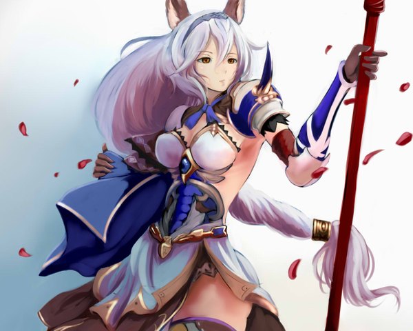 Anime picture 1280x1024 with granblue fantasy heles tanshi (tansy520) single long hair fringe breasts hair between eyes holding brown eyes animal ears payot looking away silver hair parted lips armpit (armpits) ass visible through thighs erune girl petals