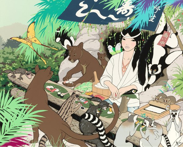 Anime picture 1196x960 with original yumiko kayukawa eating cooking girl plant (plants) animal tree (trees) bird (birds) leaf (leaves) insect butterfly table branch forest reptile parrot cave lizard chameleon