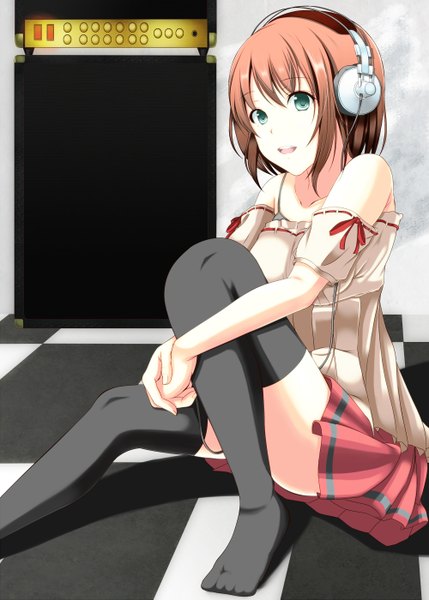 Anime picture 1000x1399 with original h@lki (sirakawa-haru) single tall image short hair open mouth brown hair sitting bare shoulders green eyes girl thighhighs black thighhighs headphones sundress