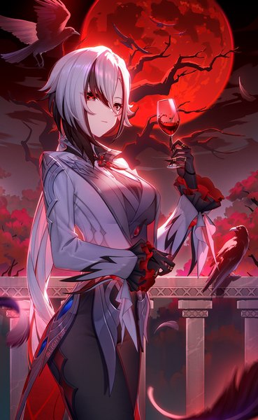 Anime picture 1103x1792 with genshin impact arlecchino (genshin impact) lightria single long hair tall image fringe hair between eyes standing looking away silver hair multicolored hair black eyes two-tone hair symbol-shaped pupils low ponytail red moon girl gloves animal
