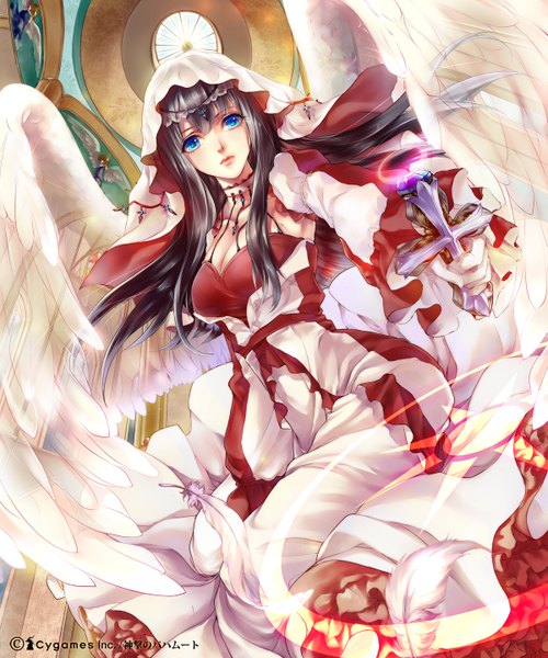 Anime picture 1200x1440 with original liiko single long hair tall image looking at viewer breasts blue eyes black hair large breasts angel wings girl dress hair ornament wings choker cape feather (feathers) cross