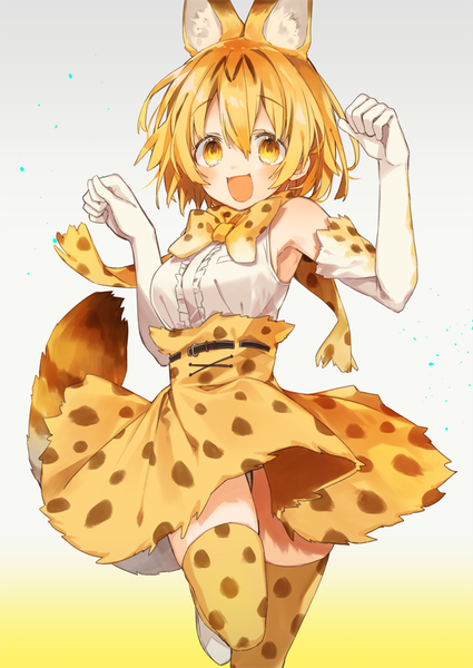 Anime picture 637x900 with kemono friends serval (kemono friends) oshio (dayo) single long hair tall image blush fringe open mouth simple background blonde hair hair between eyes animal ears yellow eyes bent knee (knees) tail animal tail gradient background happy striped
