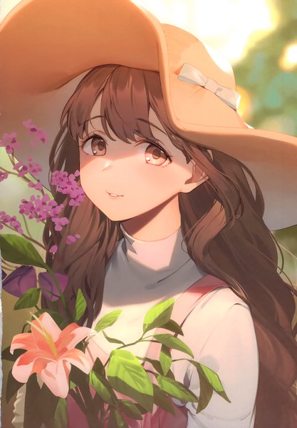 Anime picture 2406x3464 with original nyum single long hair tall image looking at viewer blush fringe highres brown hair brown eyes upper body outdoors parted lips scan shadow wavy hair girl flower (flowers) hat