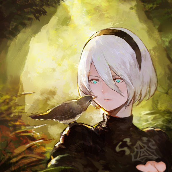 Anime picture 2480x2480 with nier nier:automata yorha no. 2 type b xinuo single fringe highres short hair hair between eyes looking away upper body white hair aqua eyes cleavage cutout center opening animal on shoulder bird on shoulder girl dress plant (plants)