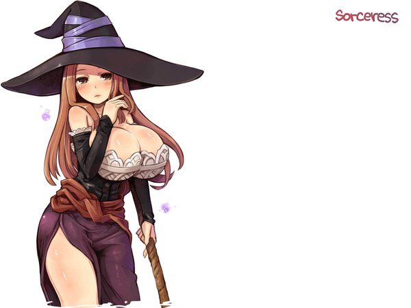 Anime picture 1600x1200 with dragon's crown vanillaware sorceress (dragon's crown) single long hair blush breasts light erotic simple background brown hair white background brown eyes cleavage huge breasts witch girl hat detached sleeves witch hat staff