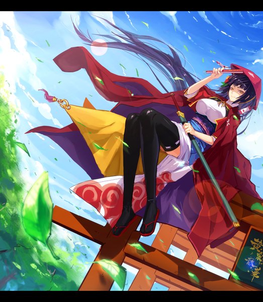 Anime picture 1318x1512 with original pixiv fantasia pixiv fantasia sword regalia ryuuzaki ichi single long hair tall image looking at viewer smile sitting sky purple hair traditional clothes wind orange eyes girl thighhighs weapon black thighhighs hat