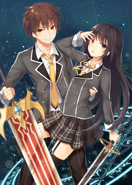 Anime picture 800x1122 with yon (letter) long hair tall image looking at viewer short hair black hair smile brown hair brown eyes heterochromia girl thighhighs boy skirt uniform weapon black thighhighs school uniform sword necktie