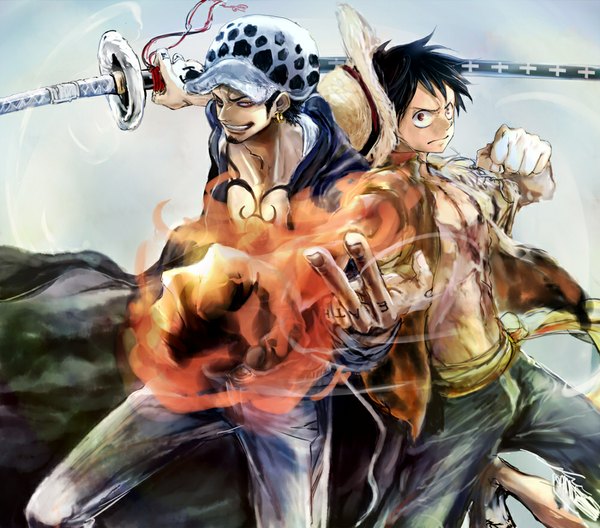 Anime picture 1000x880 with one piece toei animation monkey d. luffy trafalgar law puchibuta looking at viewer short hair black hair smile red eyes multiple boys tattoo glowing fighting stance boy weapon hat earrings sword katana