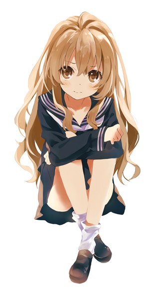 Anime picture 946x1767 with toradora j.c. staff aisaka taiga ardbf single long hair tall image looking at viewer blush fringe simple background hair between eyes brown hair white background sitting brown eyes full body crossed legs convenient leg girl