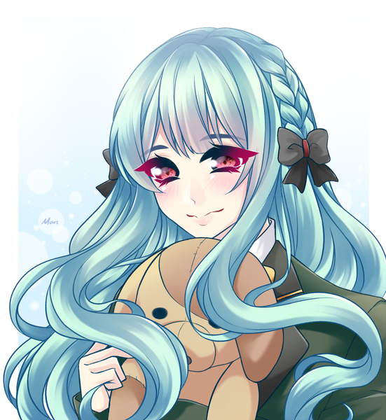 Anime picture 2144x2334 with original mars (tsukimqru) single long hair tall image looking at viewer blush fringe highres simple background smile red eyes holding signed payot upper body blunt bangs braid (braids) aqua hair portrait