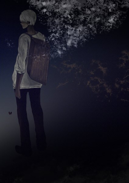 Anime picture 2480x3508 with mushishi ginko shin hyung single tall image highres short hair standing white hair from behind hair over eyes gloom boy pants backpack box