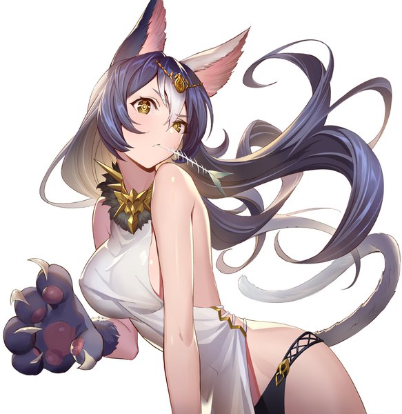 Anime picture 3400x3500 with original teffish single long hair tall image looking at viewer blush fringe highres breasts light erotic simple background hair between eyes standing white background bare shoulders holding animal ears yellow eyes blue hair