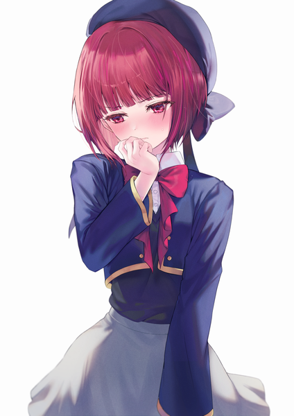 Anime picture 990x1400 with oshi no ko arima kana dabi (dabibubi) single tall image blush fringe short hair simple background red eyes standing white background red hair blunt bangs embarrassed looking down hand to mouth girl skirt uniform
