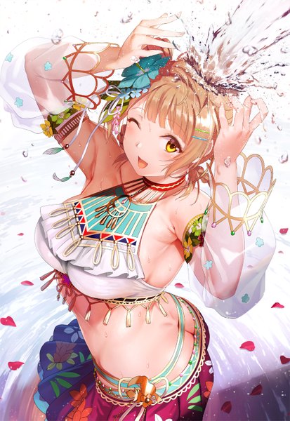 Anime picture 1000x1451 with love live! school idol project sunrise (studio) love live! minami kotori kichiroku single long hair tall image looking at viewer blush fringe breasts open mouth light erotic simple background brown hair large breasts standing white background yellow eyes