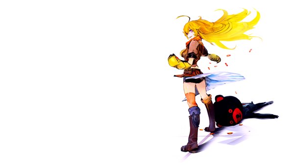 Anime picture 1600x900 with rwby rooster teeth yang xiao long so-bin single long hair fringe open mouth simple background blonde hair hair between eyes wide image white background purple eyes payot looking away ahoge wind wallpaper outstretched arm