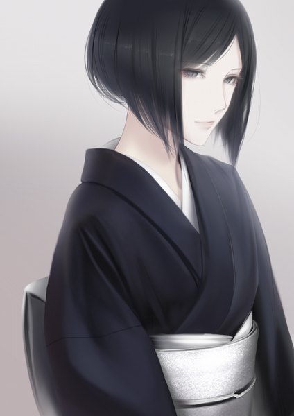 Anime picture 904x1280 with original erise single tall image looking at viewer fringe short hair black hair simple background upper body traditional clothes japanese clothes grey background grey eyes gradient background pale skin girl kimono obi