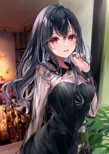 Anime picture 1300x1839 with original puracotte single long hair tall image looking at viewer blush fringe open mouth black hair smile hair between eyes standing long sleeves nail polish :d pink eyes multicolored hair arm up fingernails