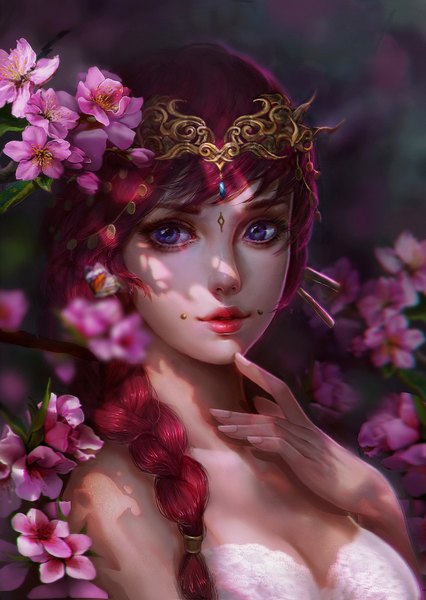 Anime picture 1240x1748 with original laymyway single long hair tall image looking at viewer breasts blue eyes bare shoulders cleavage red hair braid (braids) parted lips hair flower finger to mouth girl flower (flowers) jewelry tiara