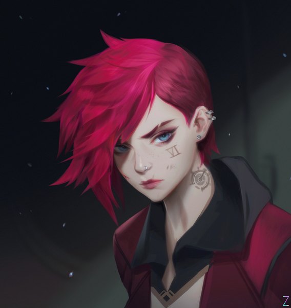 Anime picture 1726x1822 with arcane: league of legends league of legends vi (league of legends) paul (shiramune) single tall image looking at viewer highres short hair blue eyes pink hair tattoo lipstick piercing ear piercing scar asymmetrical hair nose piercing girl earrings