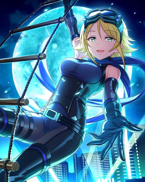 Anime picture 640x800 with idolmaster idolmaster cinderella girls umeki otoha single tall image looking at viewer fringe short hair breasts open mouth blue eyes blonde hair smile hair between eyes holding payot wind night official art from below