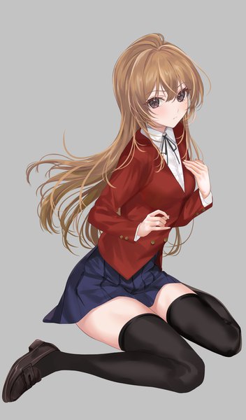 Anime picture 1200x2048 with toradora j.c. staff aisaka taiga mexif single long hair tall image looking at viewer fringe simple background hair between eyes brown hair sitting brown eyes full body pleated skirt grey background wariza girl thighhighs
