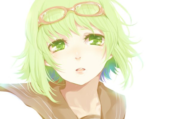 Anime picture 1000x669 with vocaloid yowamushi mont-blanc (vocaloid) gumi rojiko single looking at viewer blush short hair open mouth simple background white background green eyes green hair tears face crying girl glasses sailor suit
