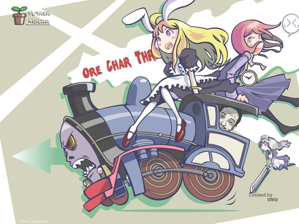 Anime picture 1600x1200 with thomas the tank engine tagme (character) inemuri uno long hair blush highres short hair open mouth blonde hair sitting multiple girls animal ears yellow eyes pink hair silver hair pink eyes inscription maid bunny ears flying
