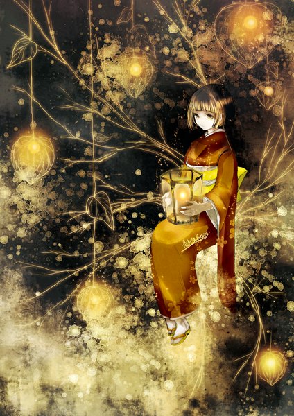 Anime picture 800x1132 with original koto2 single tall image fringe short hair brown hair sitting signed traditional clothes japanese clothes girl flower (flowers) plant (plants) tree (trees) kimono lantern physalis