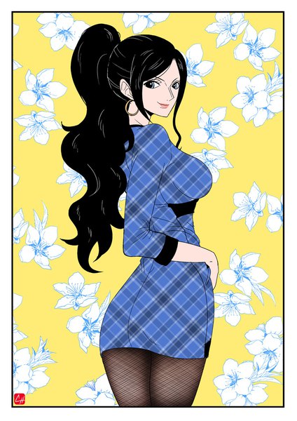 Anime picture 1448x2048 with one piece toei animation nico robin chris re5 single long hair tall image looking at viewer breasts blue eyes black hair smile large breasts standing signed payot ponytail looking back lips from behind