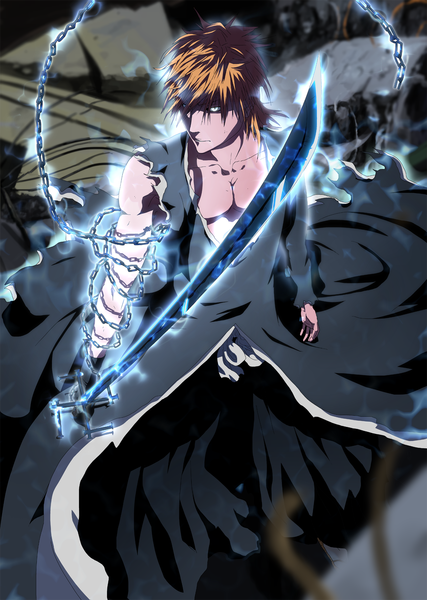 Anime picture 1280x1800 with bleach studio pierrot kurosaki ichigo klnothincomin (artist) single tall image orange hair torn clothes boy weapon sword chain