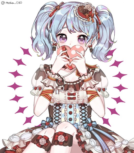 Anime picture 1507x1718 with bang dream! matsubara kanon moka (gratifyj31) single tall image looking at viewer short hair simple background white background sitting purple eyes twintails signed blue hair twitter username short twintails covered mouth lolita fashion valentine girl