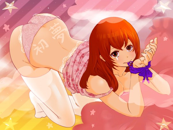 Anime-Bild 1400x1050 mit dead or alive kasumi (doa) nimo (pixiv id2275004) single long hair looking at viewer light erotic red eyes ass red hair from above arched back bound hands girl thighhighs underwear panties white thighhighs teardrop