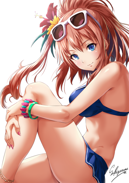 Anime picture 1000x1414 with kantai collection saratoga (kantai collection) sakiyamama single long hair tall image looking at viewer blush fringe breasts blue eyes light erotic simple background smile hair between eyes brown hair large breasts white background sitting signed