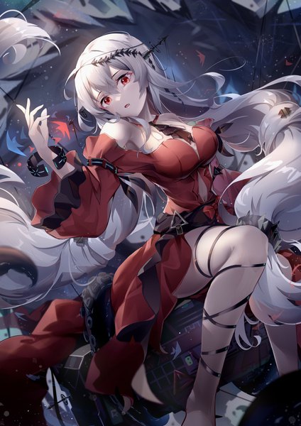 Anime picture 2000x2829 with arknights skadi (arknights) skadi the corrupting heart (arknights) asc11 single tall image looking at viewer fringe highres breasts open mouth hair between eyes red eyes bare shoulders silver hair lying long sleeves very long hair arm up from above