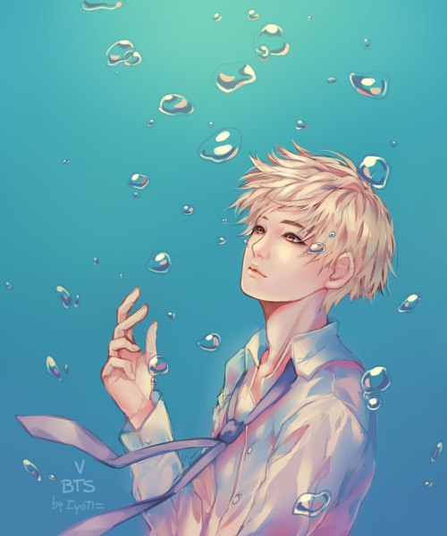 Anime picture 1000x1200 with real life bts v (bts) iyokani single tall image fringe short hair blonde hair simple background brown eyes signed upper body character names looking up blue background underwater boy shirt necktie