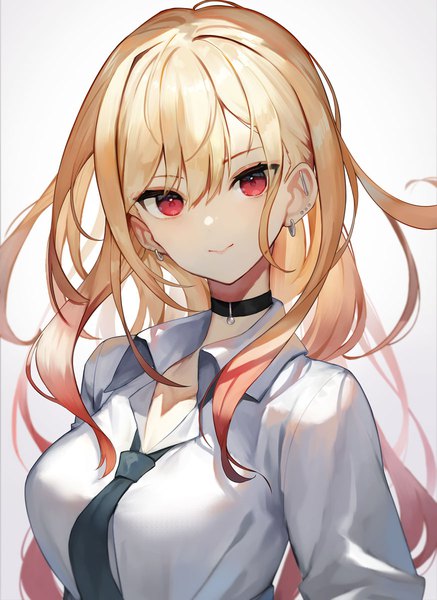 Anime picture 874x1200 with sono bisque doll wa koi wo suru cloverworks kitagawa marin scottie (phantom2) single long hair tall image looking at viewer fringe simple background blonde hair smile hair between eyes red eyes white background upper body piercing ear piercing open collar girl