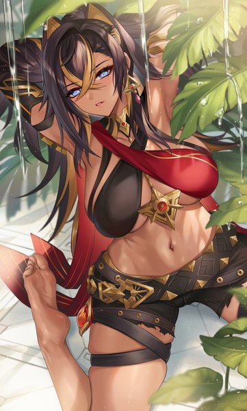 Anime picture 4037x6705 with genshin impact dehya (genshin impact) pengnangehao single long hair tall image looking at viewer blush fringe highres breasts blue eyes light erotic black hair hair between eyes large breasts sitting absurdres parted lips multicolored hair