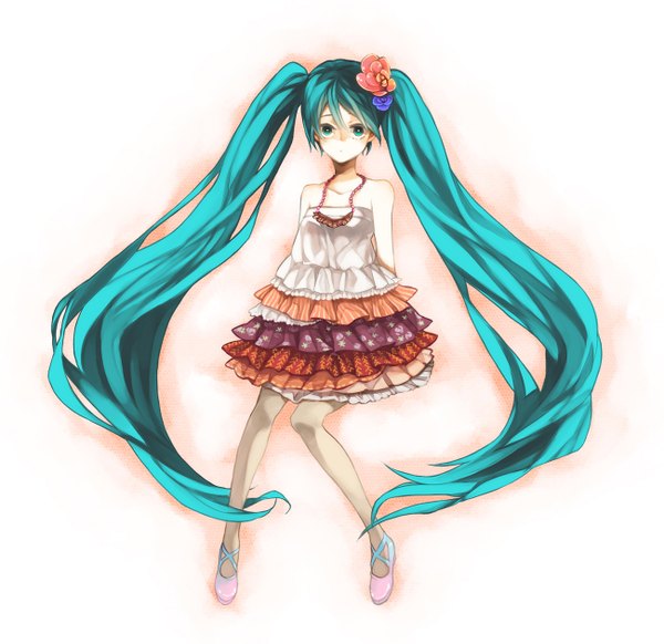 Anime picture 1300x1261 with vocaloid hatsune miku kyra (pixiv) single white background sitting twintails very long hair hair flower aqua eyes aqua hair legs girl dress hair ornament shoes jewelry