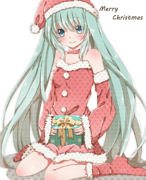 Anime picture 834x1026 with vocaloid hatsune miku hiro (hirohiro31) single tall image looking at viewer blush blue eyes smile twintails bare shoulders very long hair aqua hair fur trim christmas merry christmas girl detached sleeves boots fur
