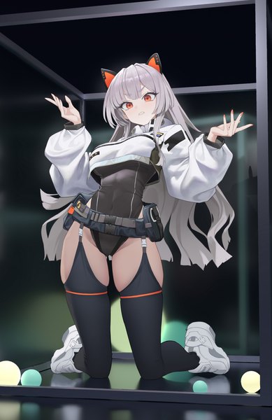 Anime picture 4520x6965 with original xzu single long hair tall image looking at viewer fringe highres breasts light erotic red eyes animal ears absurdres full body blunt bangs long sleeves grey hair arms up puffy sleeves kneeling