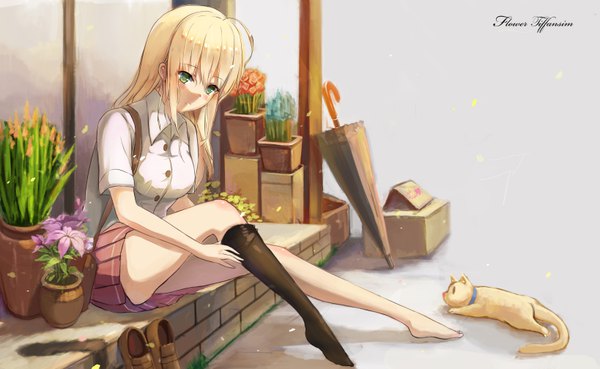 Anime picture 6551x4031 with original maplemer single long hair blush fringe highres breasts light erotic blonde hair wide image sitting green eyes payot looking away absurdres full body ahoge outdoors pleated skirt