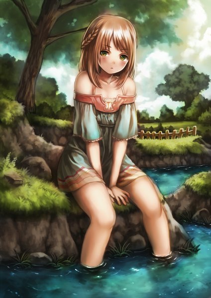 Anime picture 1653x2338 with original nishizawa single tall image looking at viewer blush short hair brown hair sitting bare shoulders green eyes river girl dress plant (plants) tree (trees)