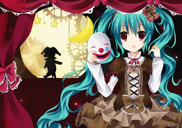 Anime picture 1200x849 with vocaloid karakuri pierrot (vocaloid) hatsune miku single open mouth red eyes twintails very long hair aqua hair girl dress bow mask