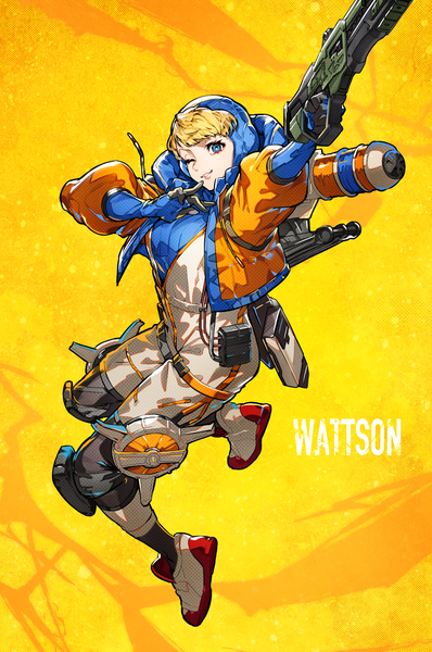 Anime-Bild 1128x1700 mit apex legends wattson (apex legends) mika pikazo single tall image looking at viewer short hair blue eyes simple background blonde hair full body one eye closed wink official art character names yellow background girl weapon gun hood